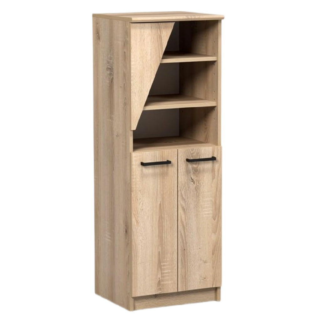 **Technische titel in het Nederlands:** Moderne opbergkast met open planken en twee deuren in houtlook