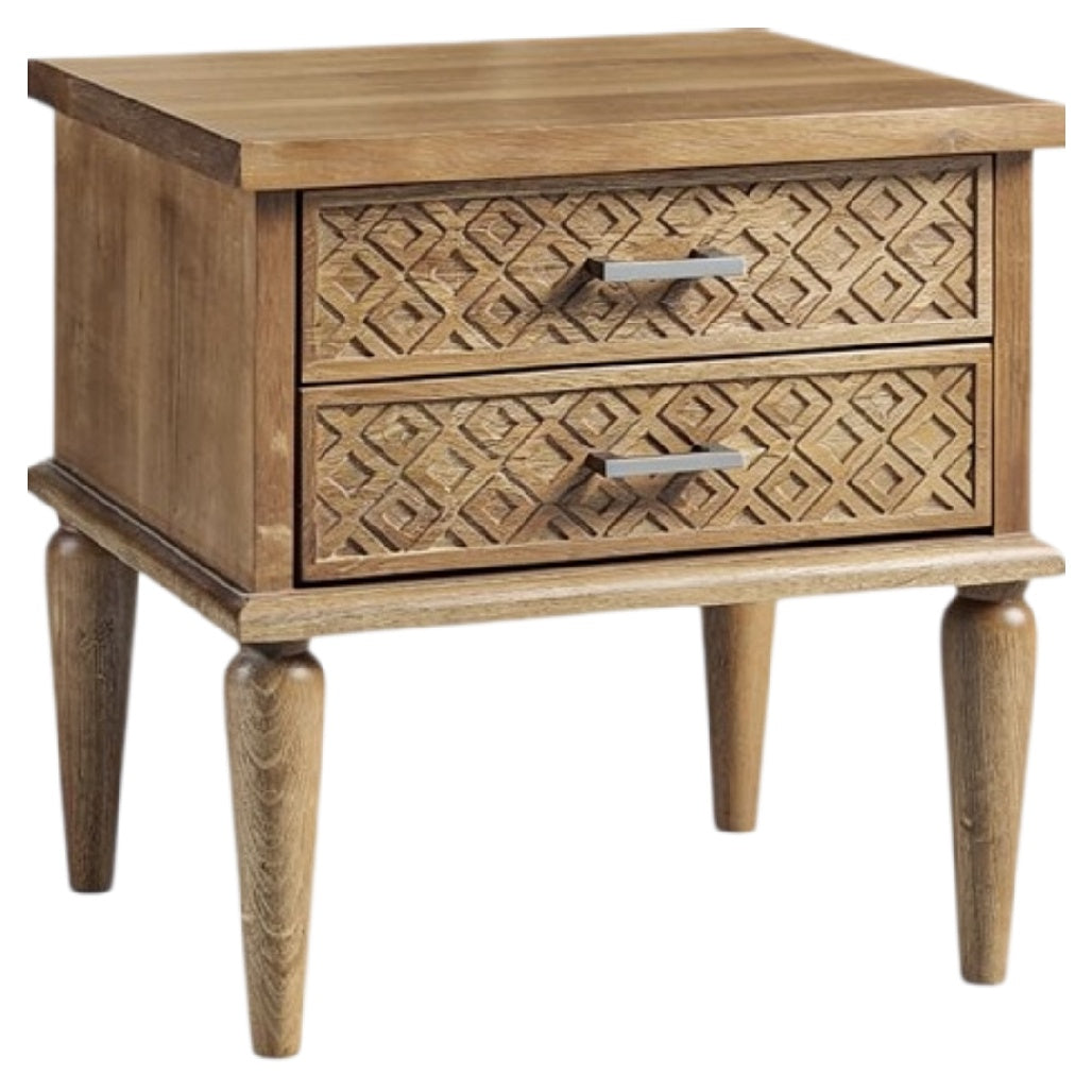 **Technische titel in het Nederlands: Houten nachtkastje met decoratieve lades**
