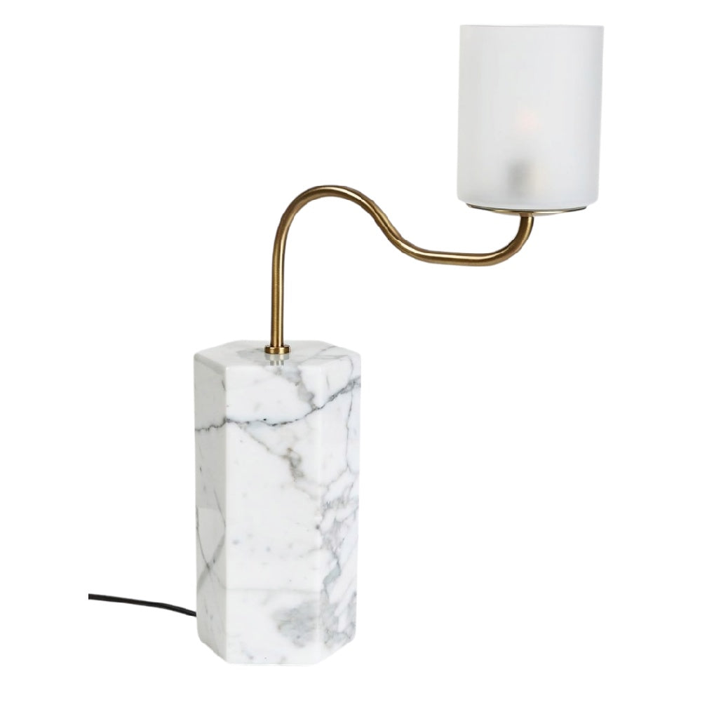 **Technische titel in het Nederlands: Stijlvolle marmeren tafel lamp met glazen lampenkap en gebogen arm**