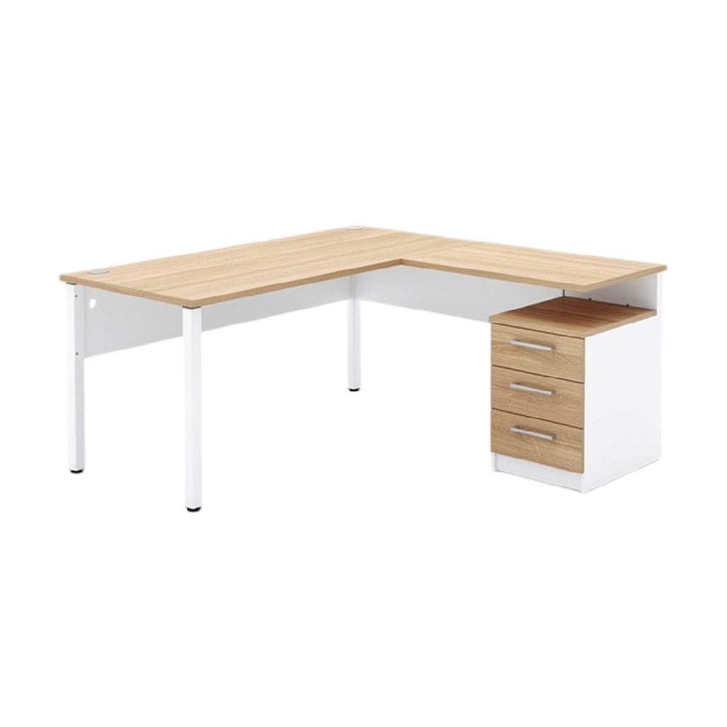 **Analyse van een moderne L-vormige bureau met opbergladen**